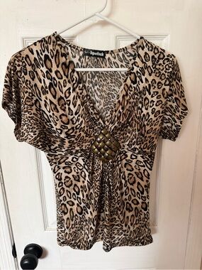 Lipstick Boutique Leopard Print V-Neck Tunic with Woven Accent in Tan and Black